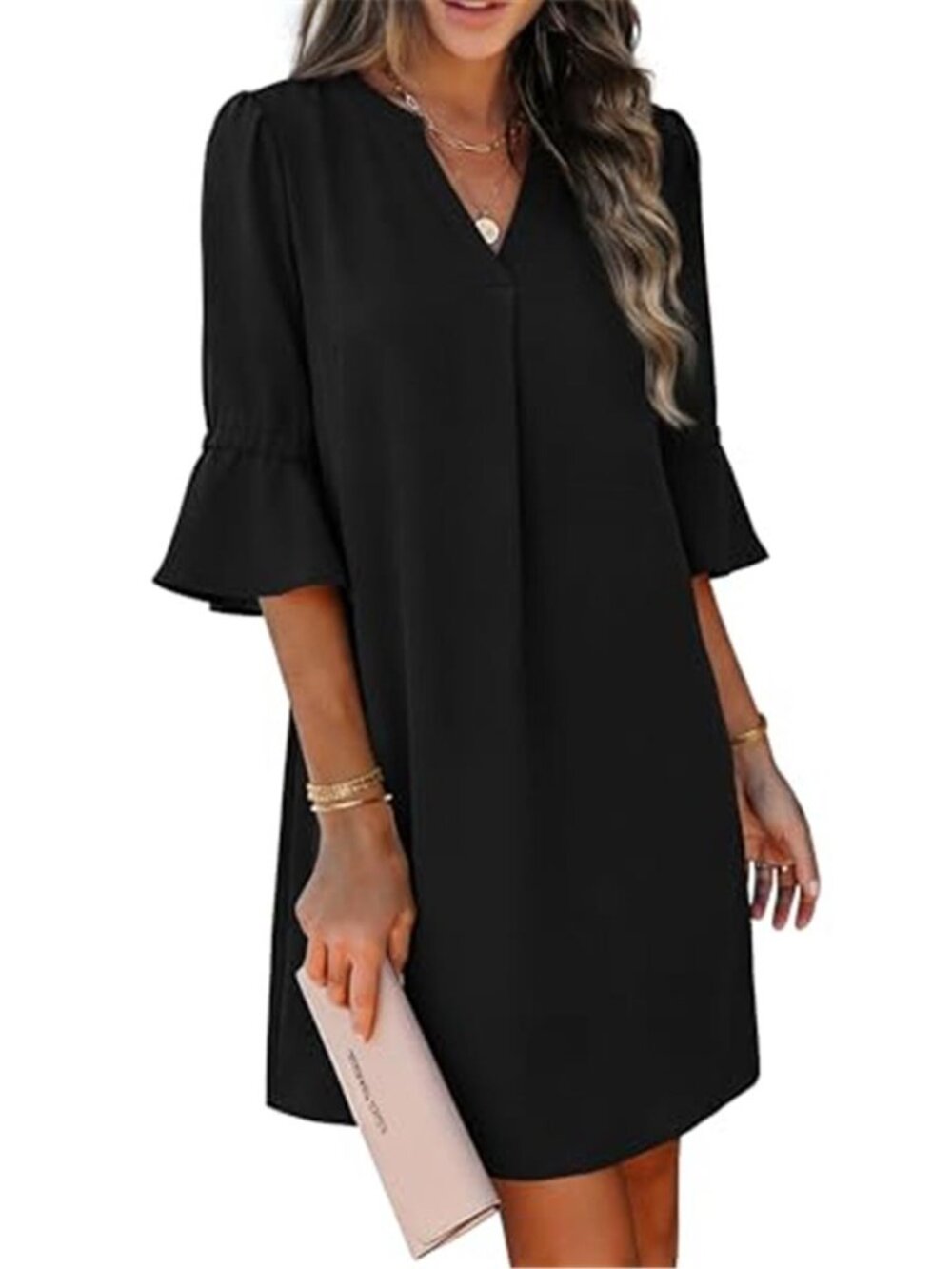 Womens Summer Dress V Neck Ruffle Sleeve Casual Loose Shift Dress With Pockets